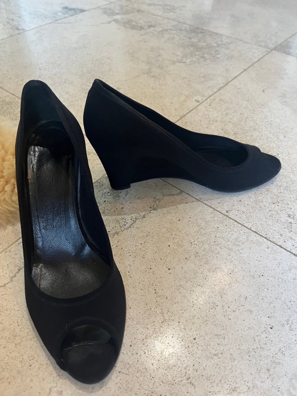 Salvatore Ferragamo Black Fabric Peep-Toe Wedge Pumps Sz 7